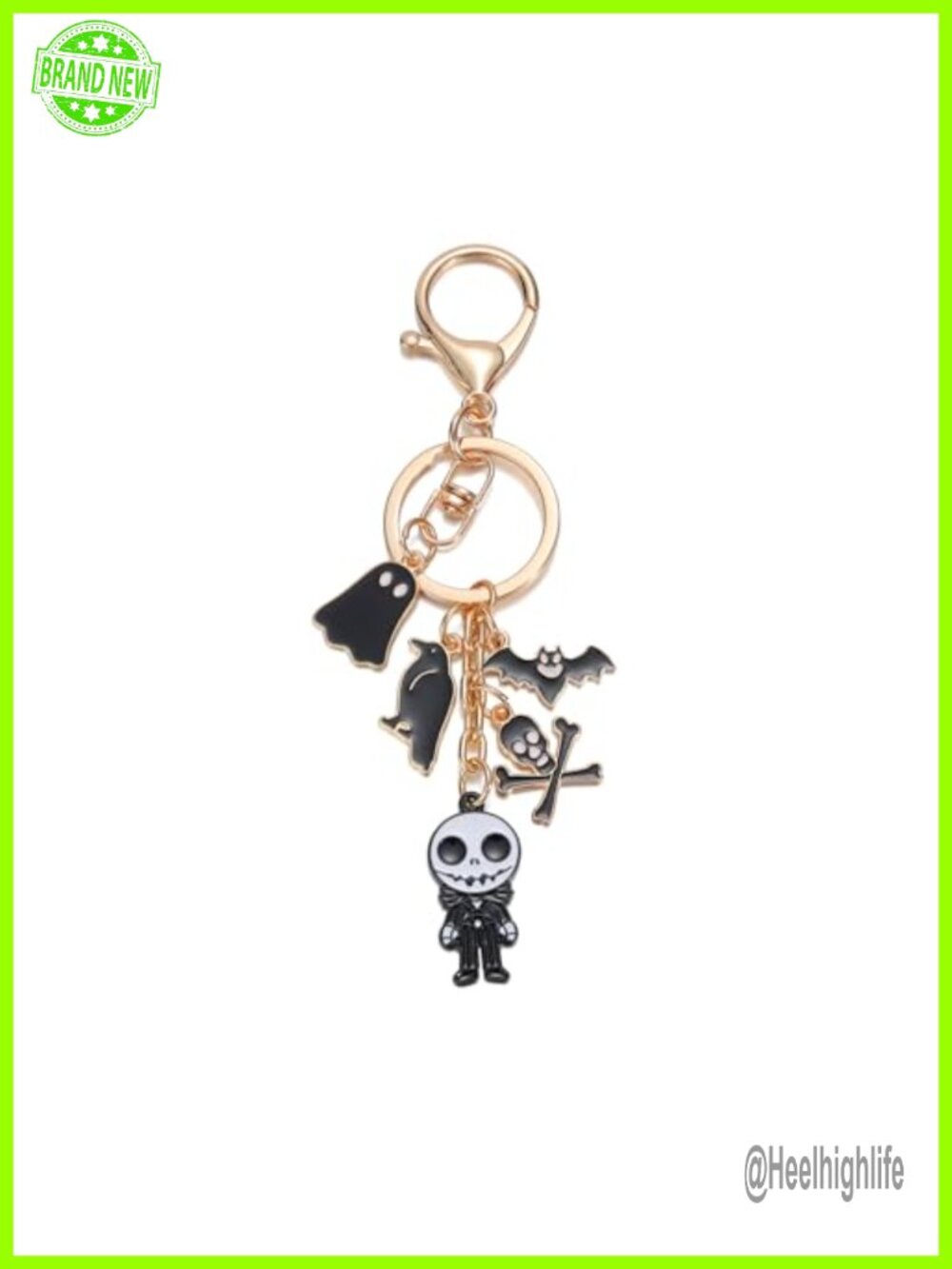 Halloween Enamel Charm Keychain Set Gold Plated Ghost Bat Skull Keyring